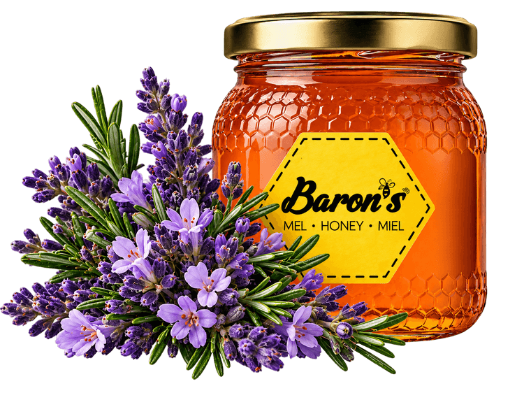 Frasco de mel de rosmaninho com flores de rosmaninho roxas